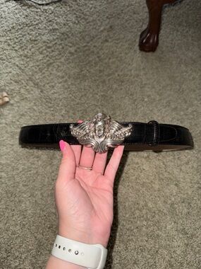 Vintage 1995 Brighton Black Leather and Silver Angel Medallion Belt